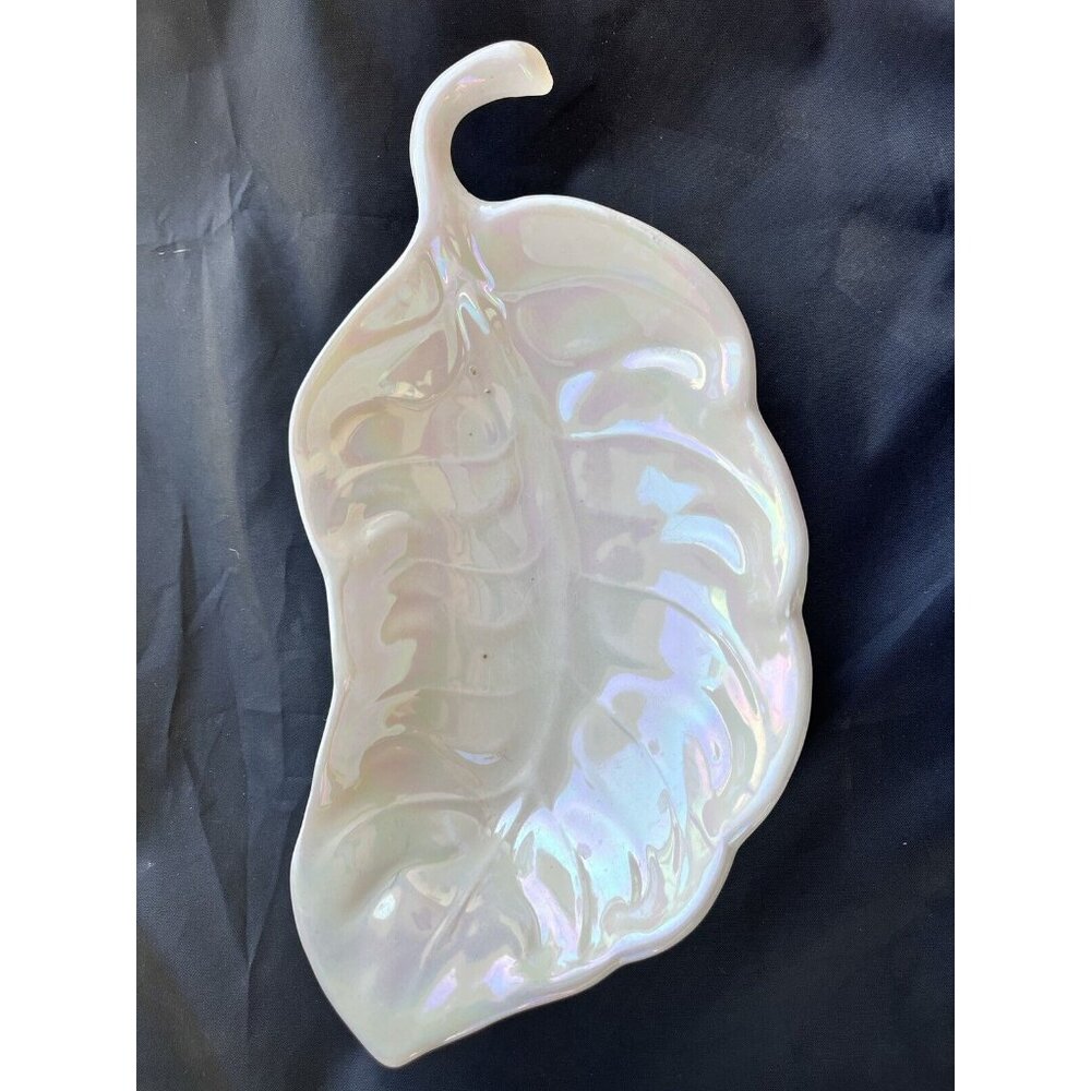 Vintage Cal Style Ceramic Pottery 2228 White Iridescent Leaf Tray Dish MCM